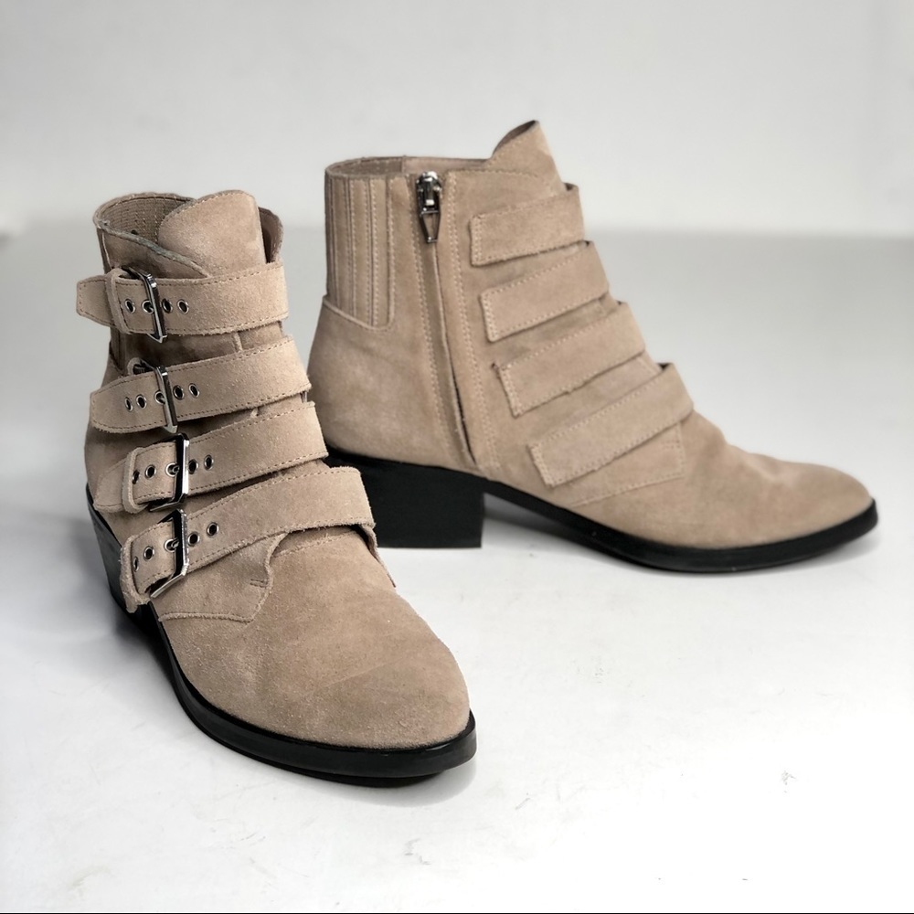 Dolce Vita Tae tan suede motorcycle booties zip buckles 6.5